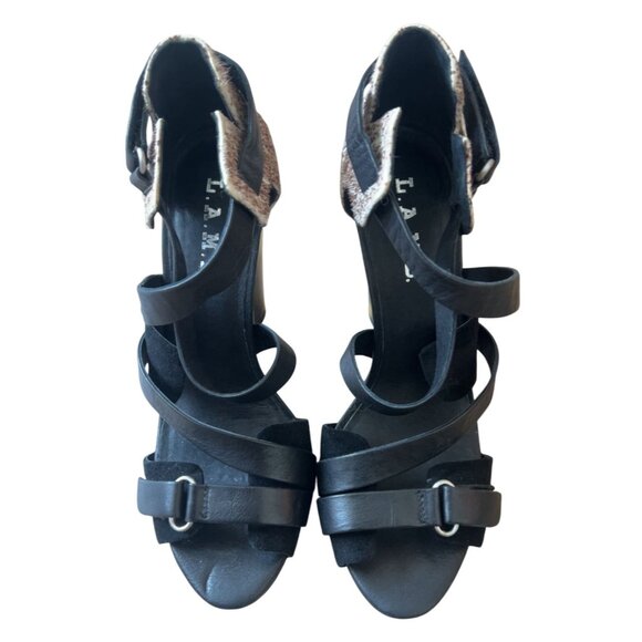 L.A.M.B. Gwen Stefani Korry Black Leather and Calf Hair heels Size 7.5‎ - Picture 2 of 11